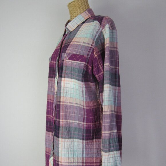 Eddie Bauer Women L Purple Plaid Live Your Adventure LS Shirt Crinkle Cotton - Picture 10 of 10